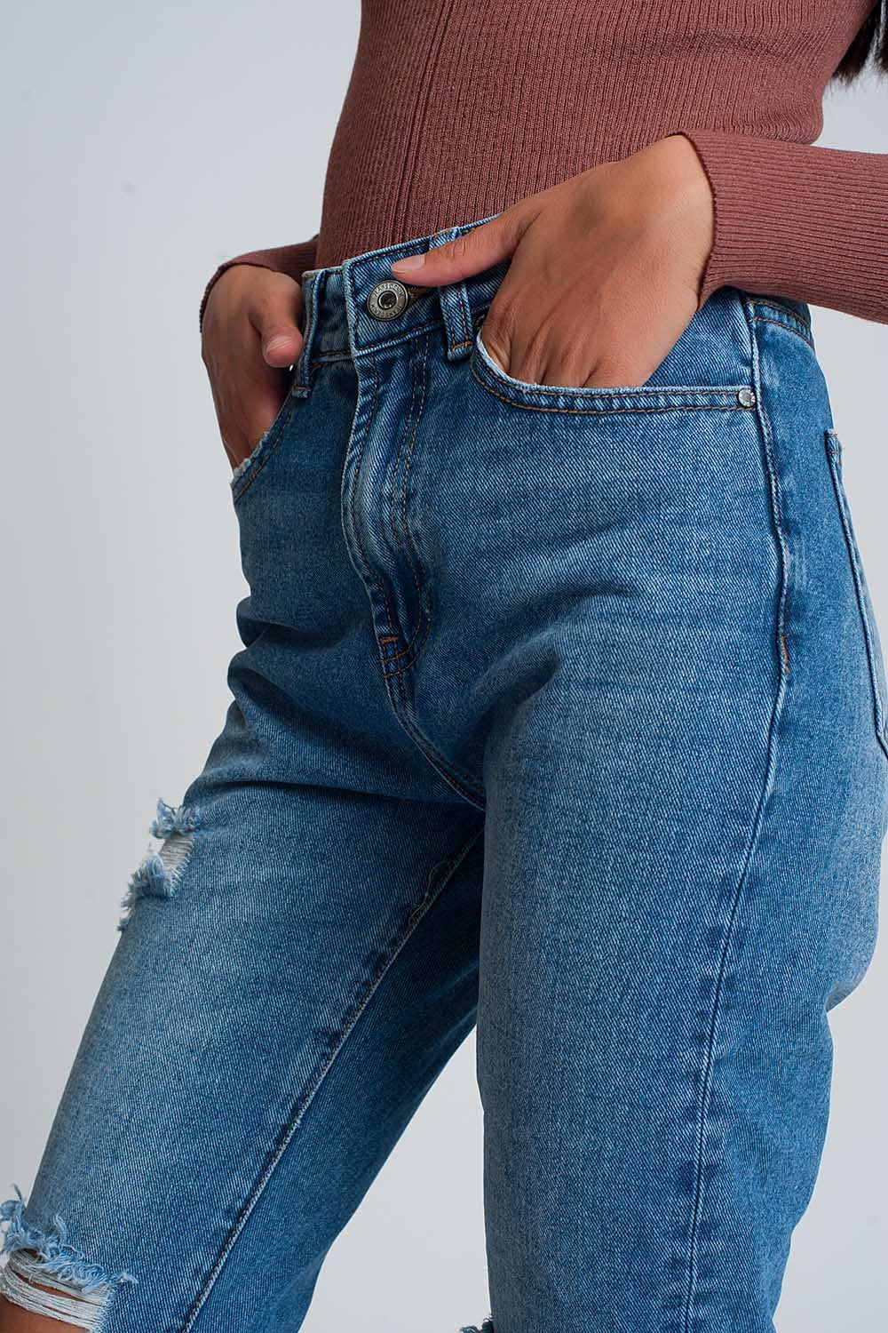 Mom jeans a vita alta con ginocchia strappate in blu lavaggio scuro