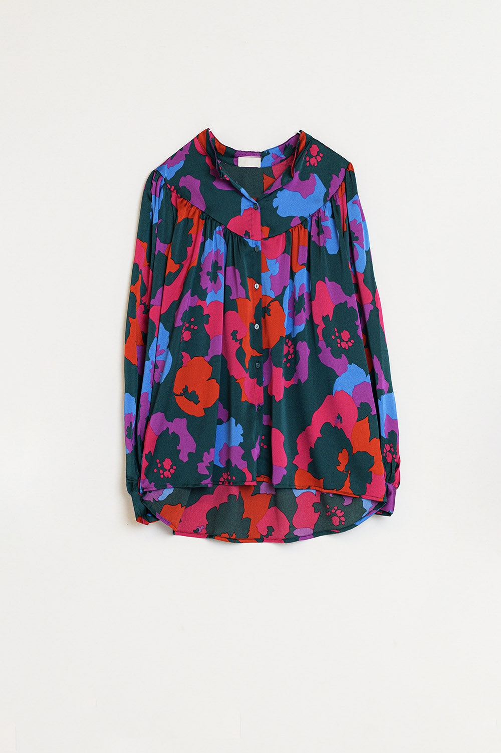 Q2 Overshirt oversize con dettagli arricciati in stampa floreale colorata