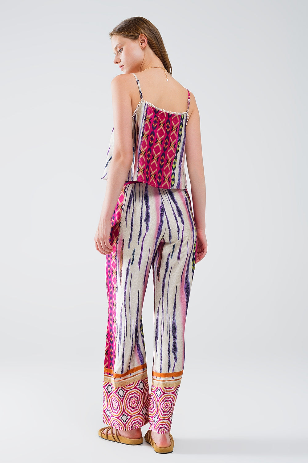 Pantaloni di seta a gamba larga con stampa astratta in multicolore