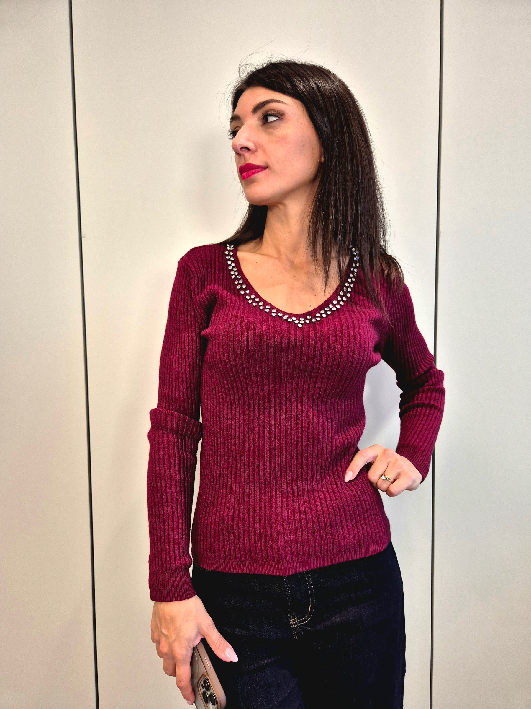 Maglia strass scollo V