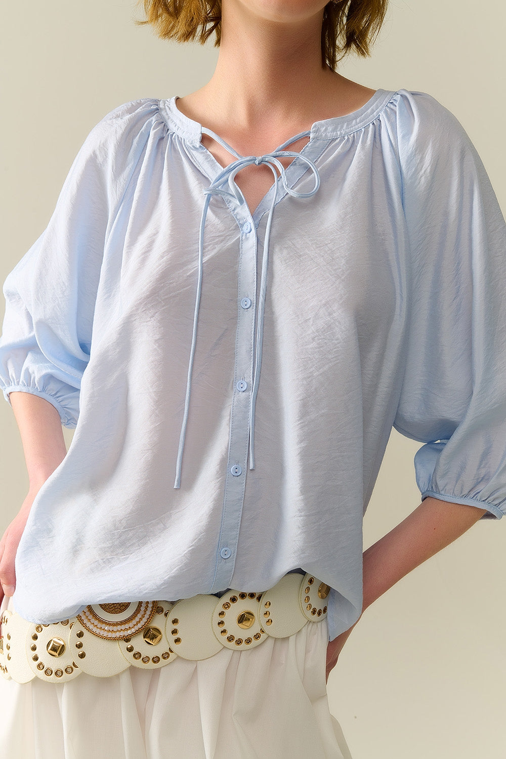 Top in Chiffon Azzurro Baby con Maniche a Palloncino