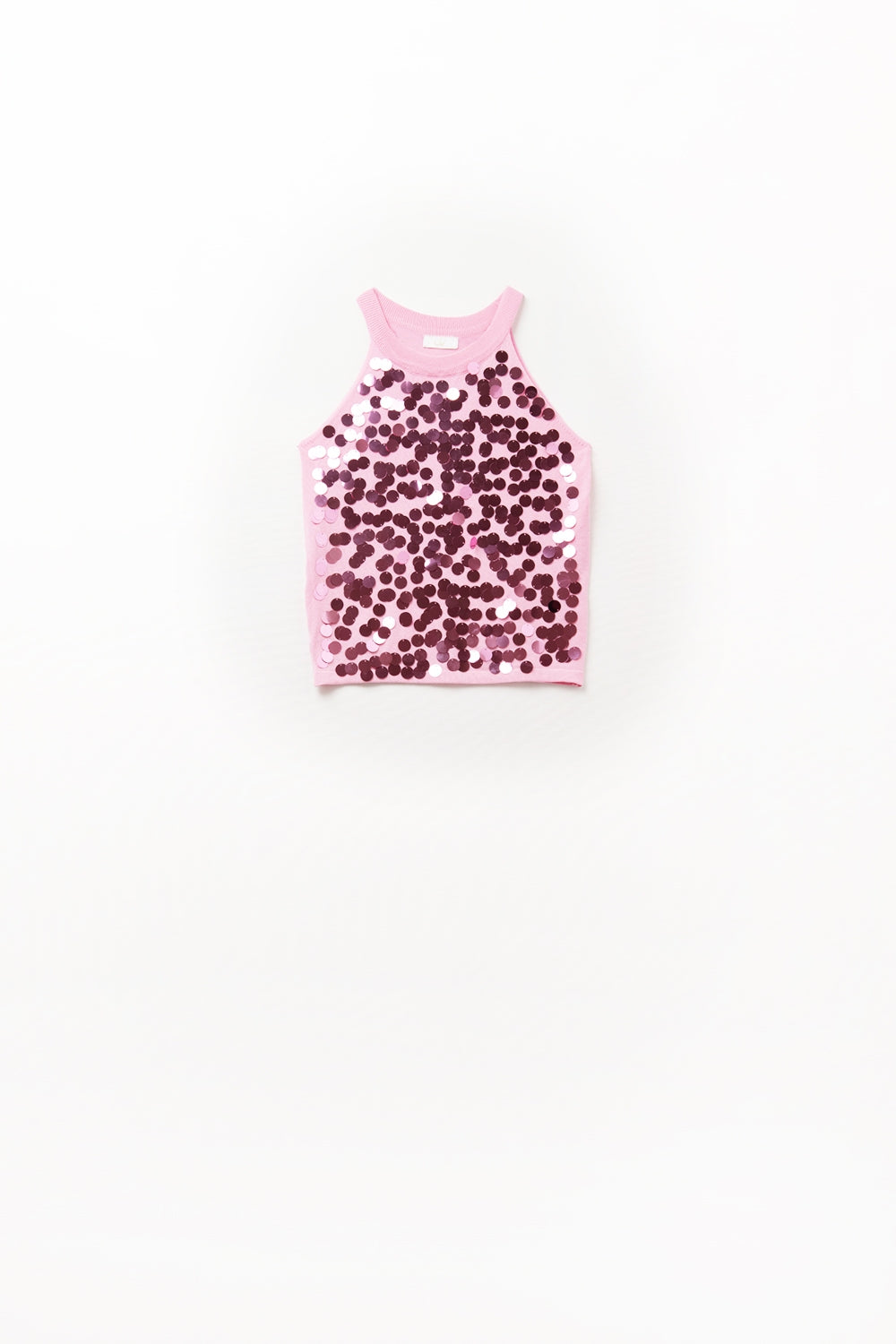 Top in maglia rosa con dettagli in paillettes