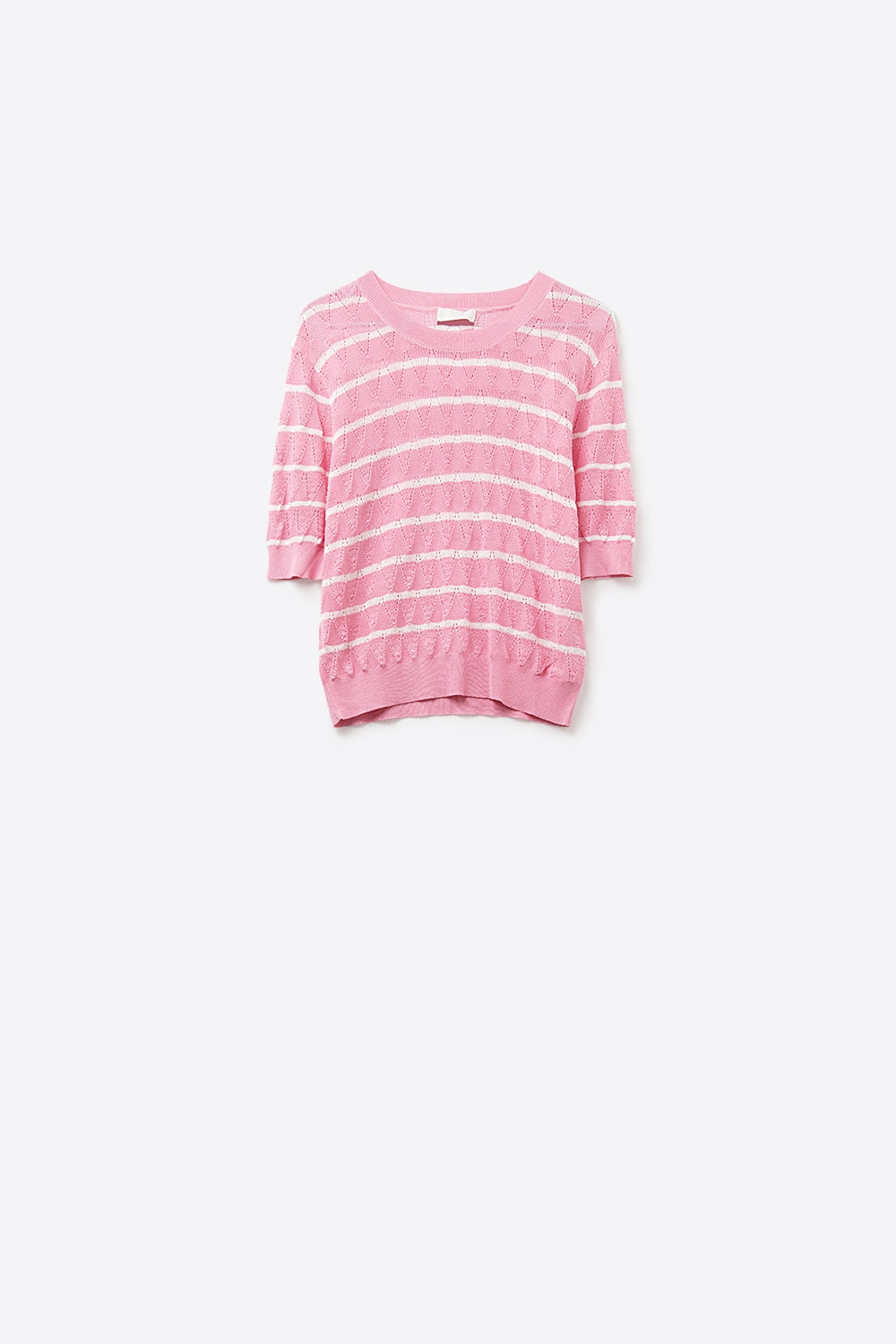 Top in maglia rosa traforata con maniche corte e strisce bianche