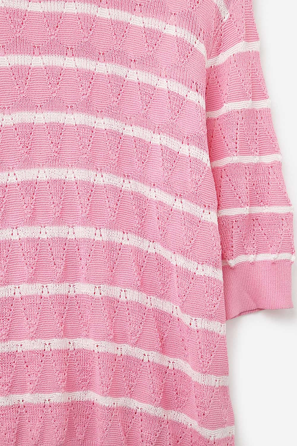Top in maglia rosa traforata con maniche corte e strisce bianche