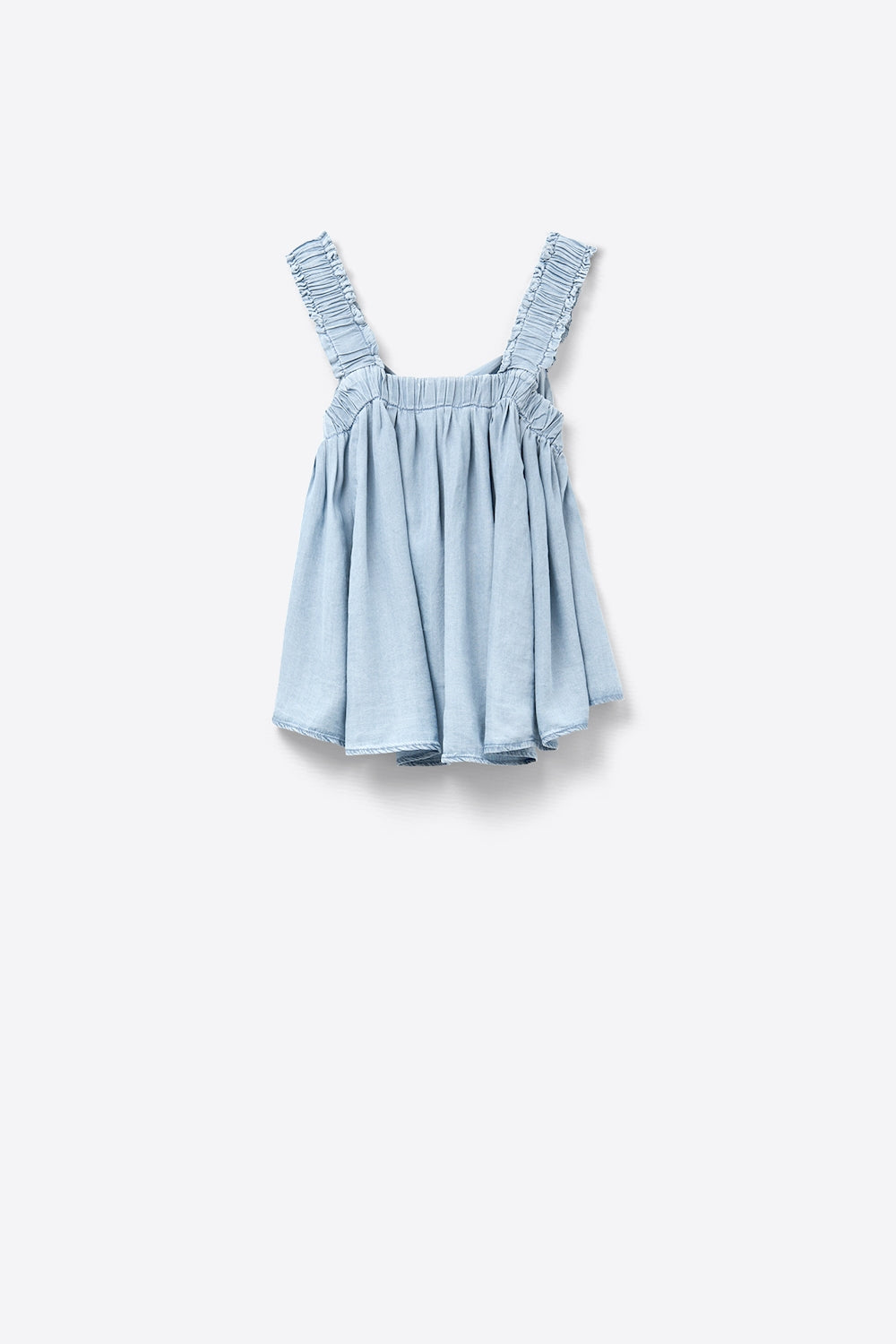 Top in tessuto Tencel con spalline arricciate in blu