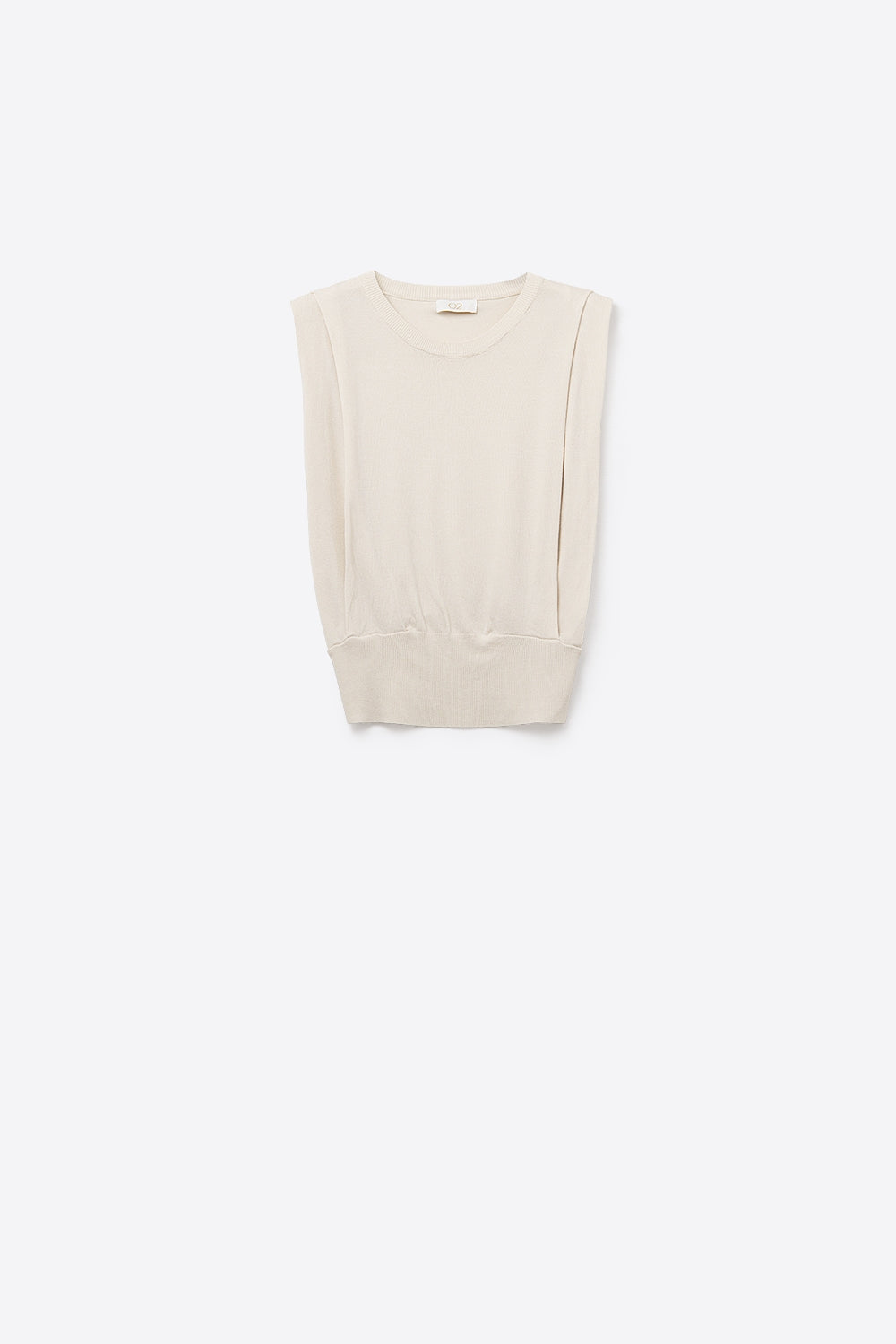Top senza maniche in maglia con drappeggio sulle spalle in beige