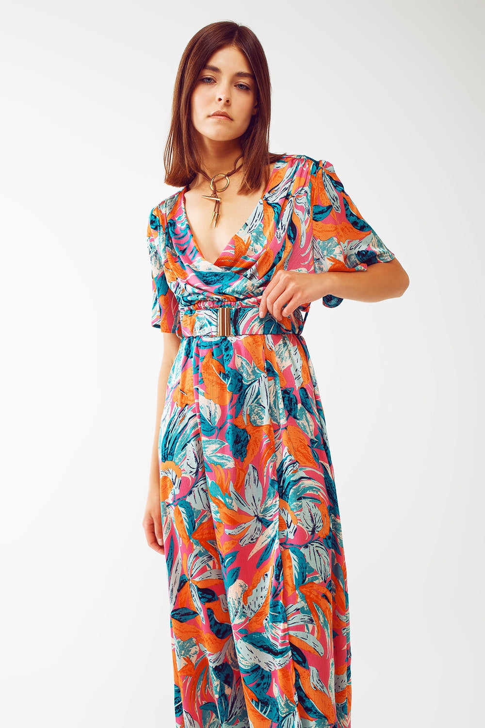 Vestito lungo avvolgente con stampa floreale e cintura in arancione