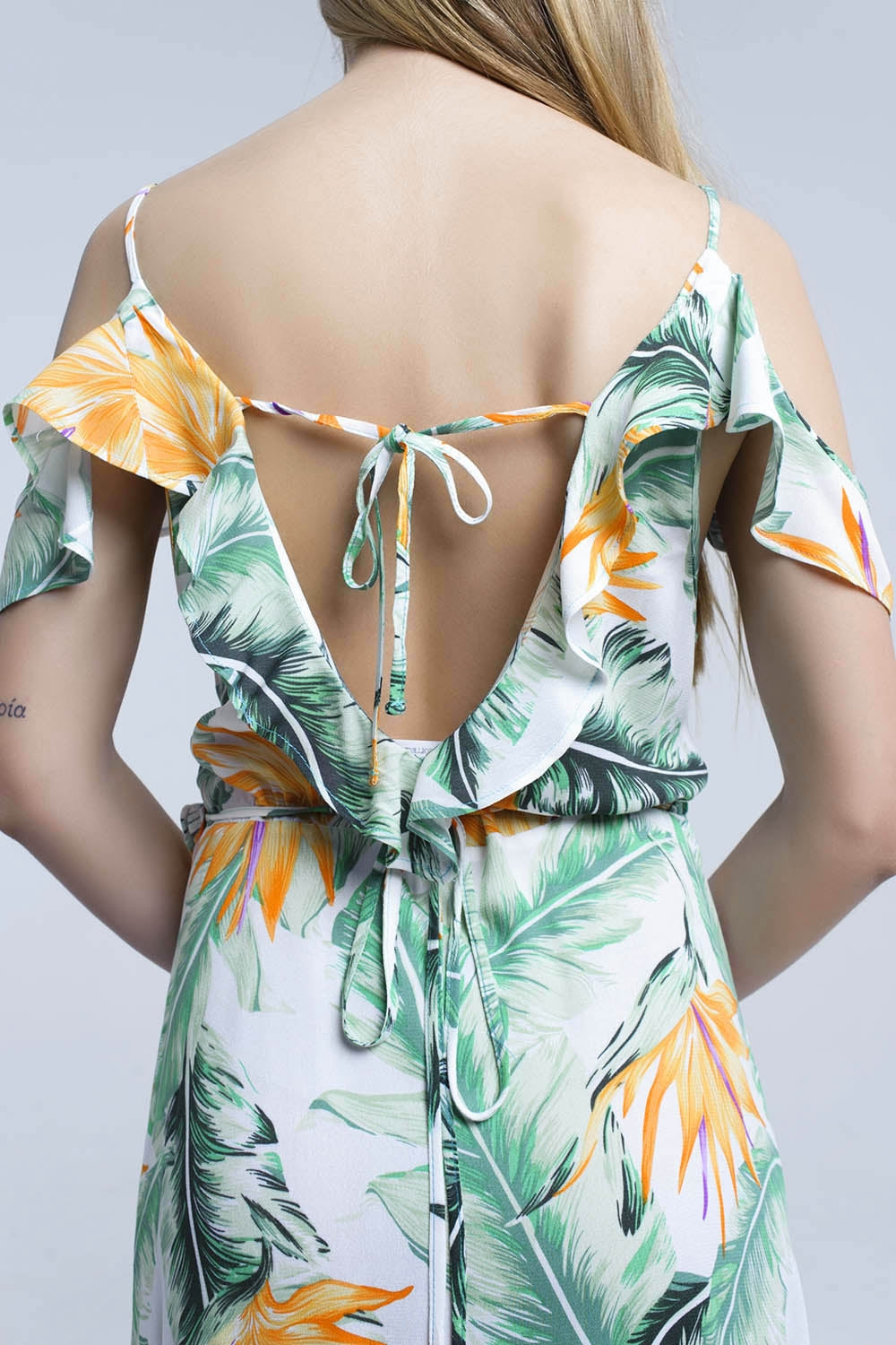 Vestito midi bianco in foglie tropicali