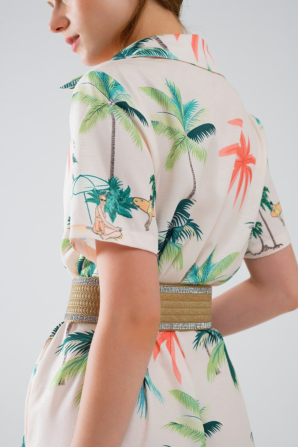 Vestito midi color crema con stampa spiaggia e colletto a polo