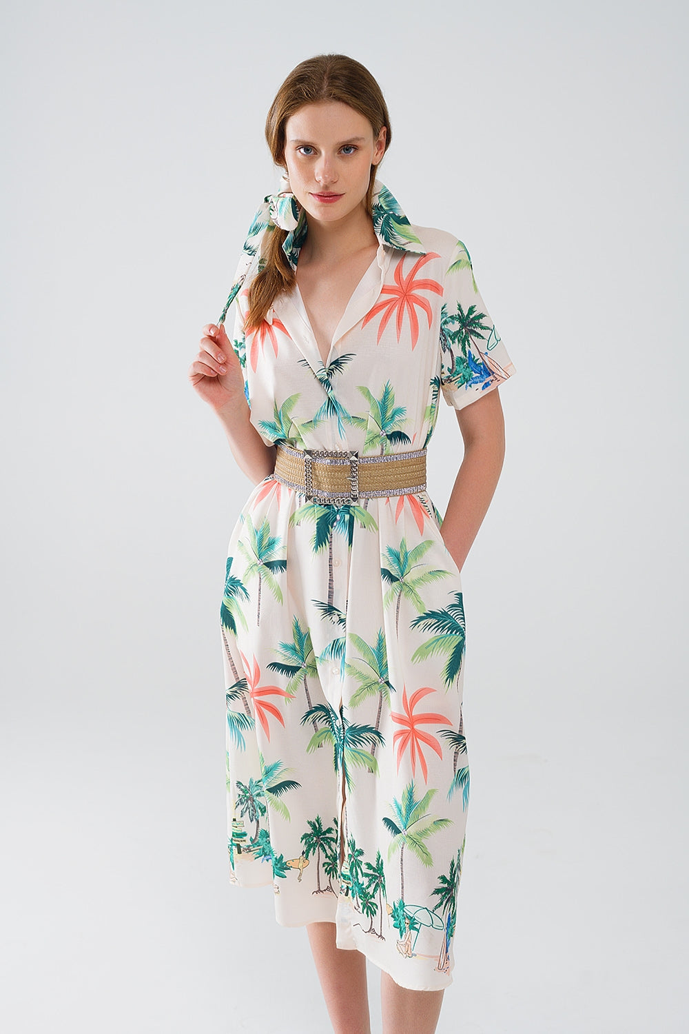 Vestito midi color crema con stampa spiaggia e colletto a polo