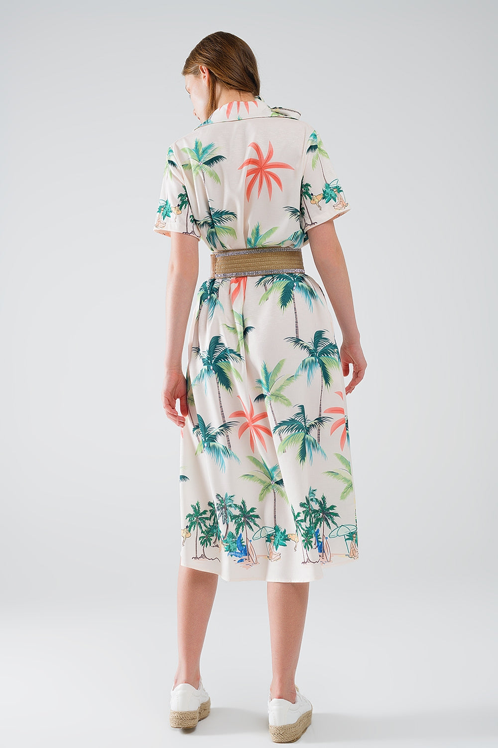 Vestito midi color crema con stampa spiaggia e colletto a polo