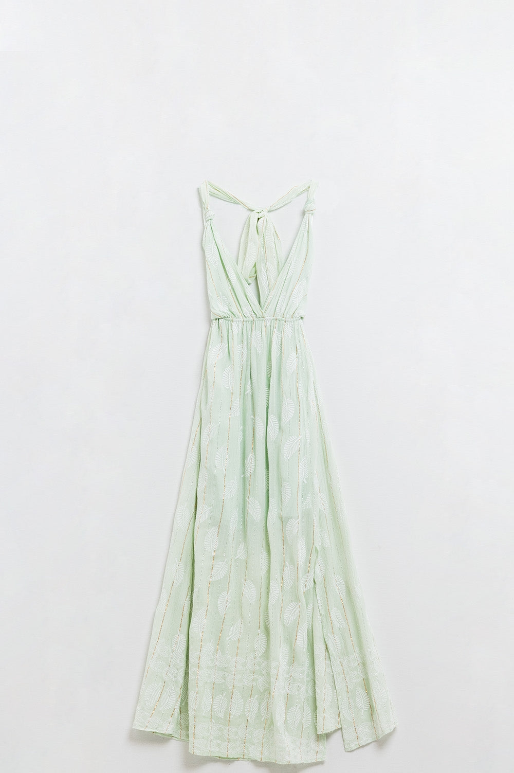 Vestito midi con stampa a foglie di menta e dettagli in lurex