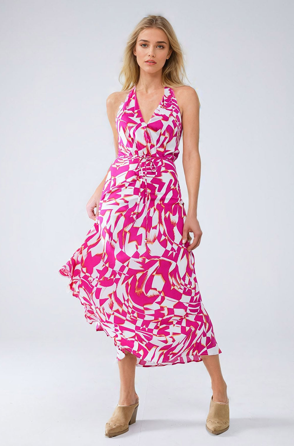 Q2 Vestito midi con vita stretta con stampa astratta fuchsia e bianca