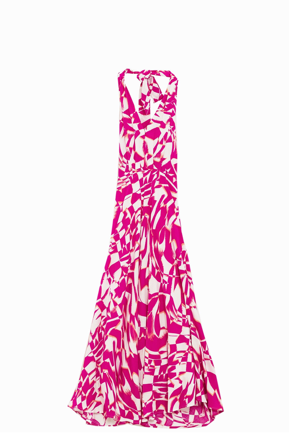 Vestito midi con vita stretta con stampa astratta fuchsia e bianca