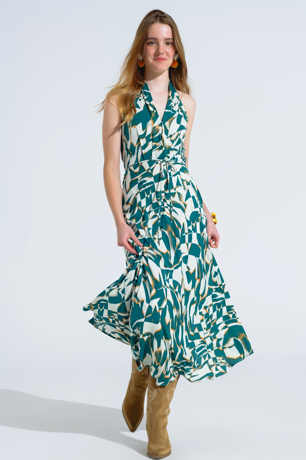 Q2 Vestito midi con vita stretta con stampa astratta verde e bianca
