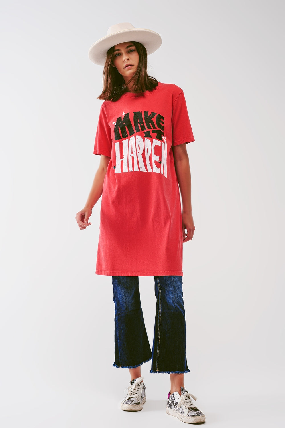 Q2 Vestito t-shirt con scritta Make It Happen in rosso