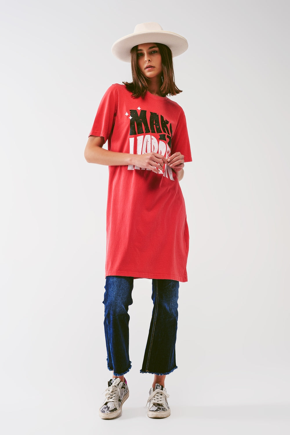 Vestito t-shirt con scritta Make It Happen in rosso