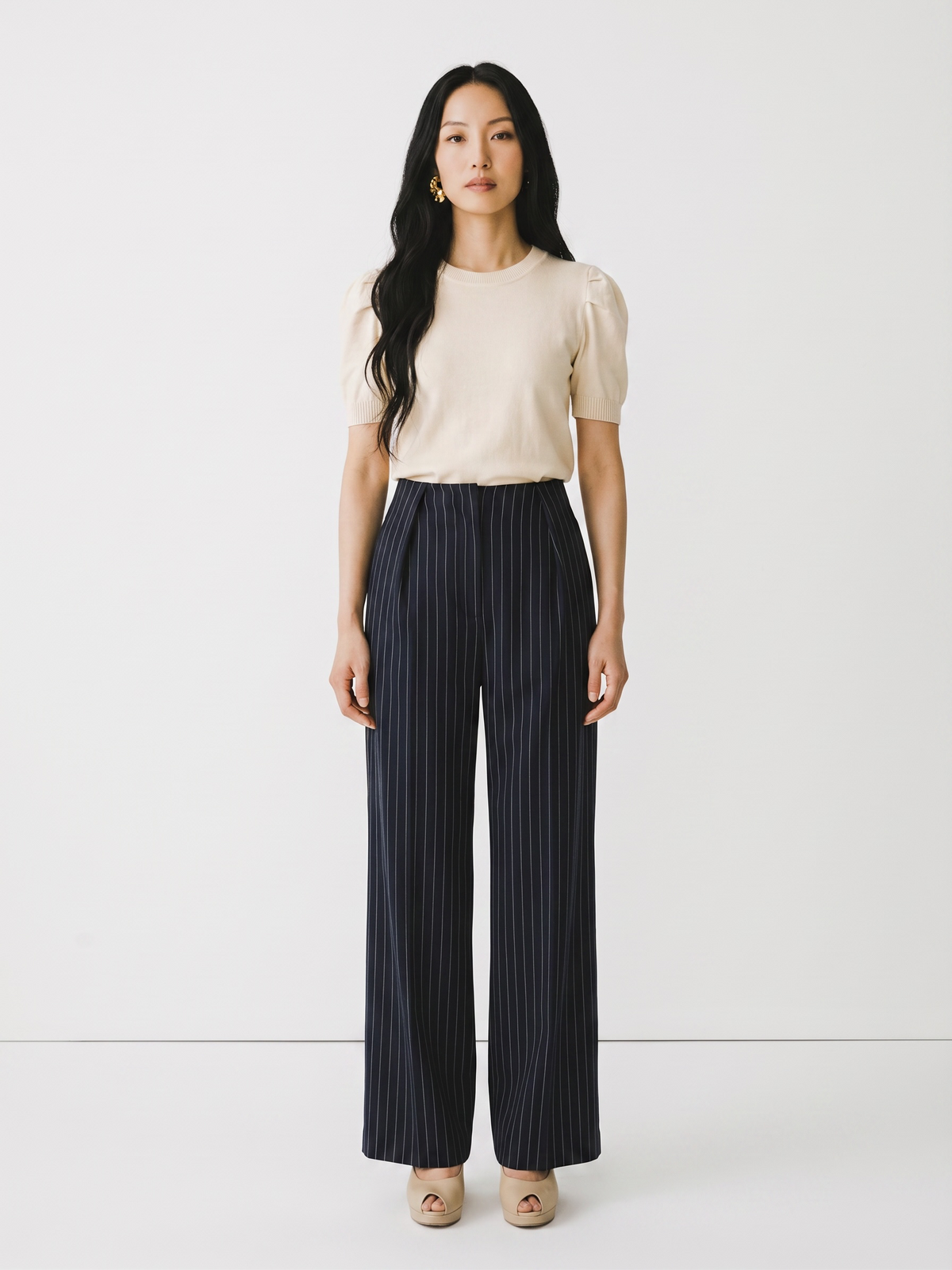 Pantalone blu palazzo gessato a vita alta