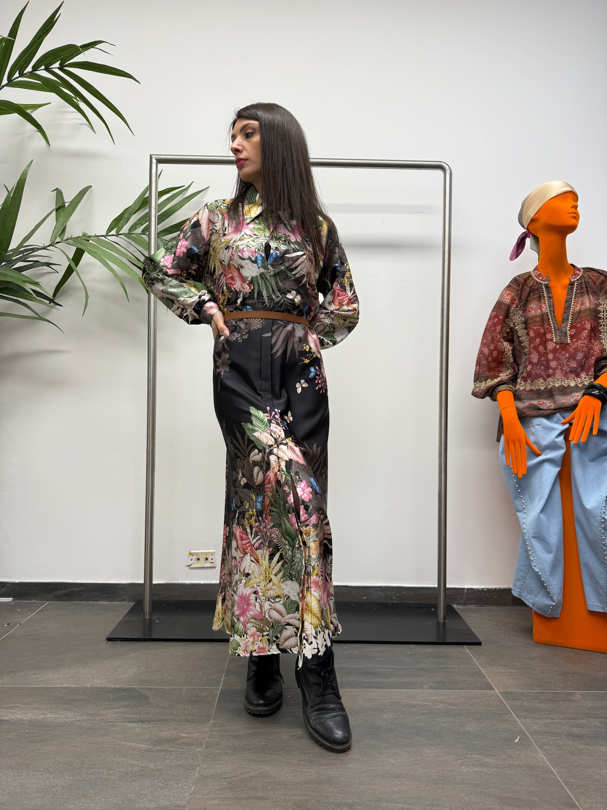 Abito Chemisier stampa pappagalli e botanica