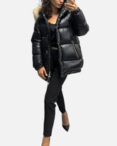 WOOLRICH Piumino nero cappuccio pelliccia
