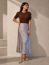 Gonna dusty blue ricami cognac