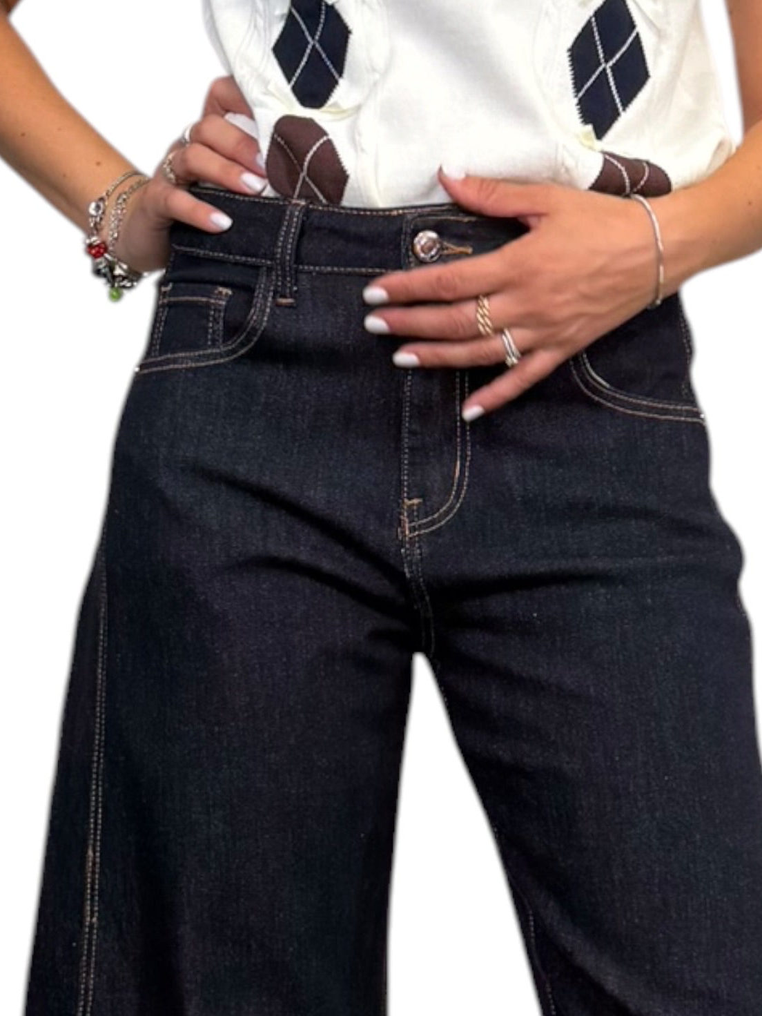 Jeans balloon blu scuro cuciture cammello