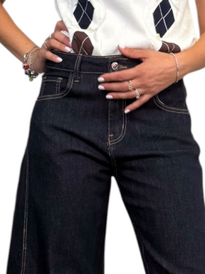 Jeans balloon blu scuro cuciture cammello