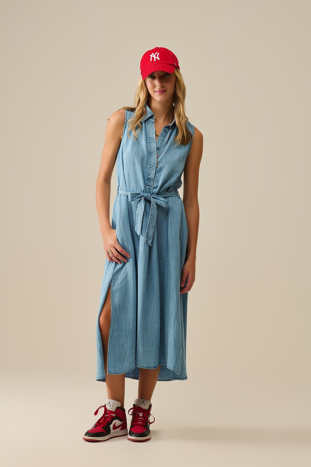 Q2 Abito camicia senza maniche in tessuto tencel blu