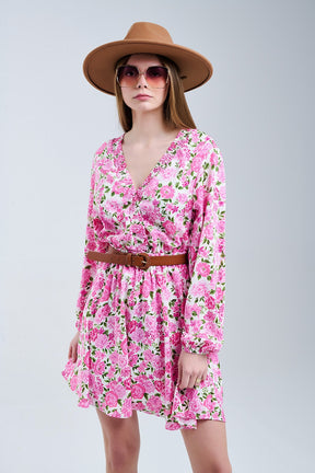 Abito floreale con scollo a V fiori rosa e accenti verdi