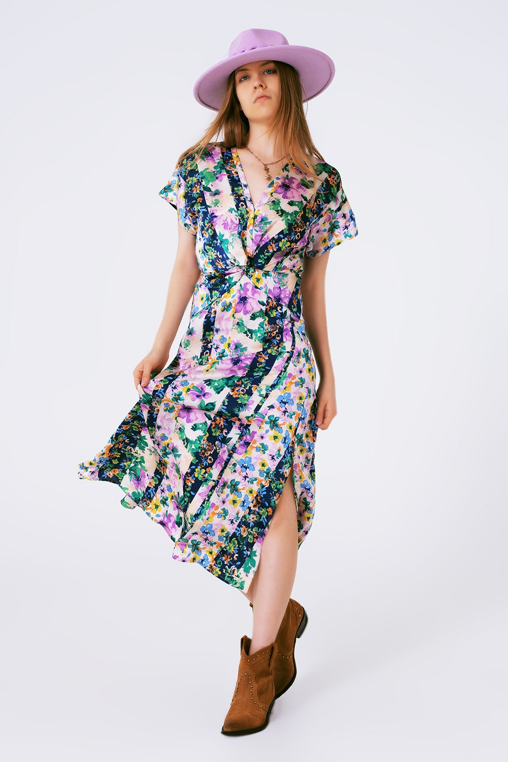 Q2 Abito maxi con stampa floreale e nodo sul davanti viola e multicolore verde