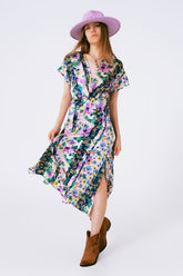 Q2 Abito maxi con stampa floreale e nodo sul davanti viola e multicolore verde