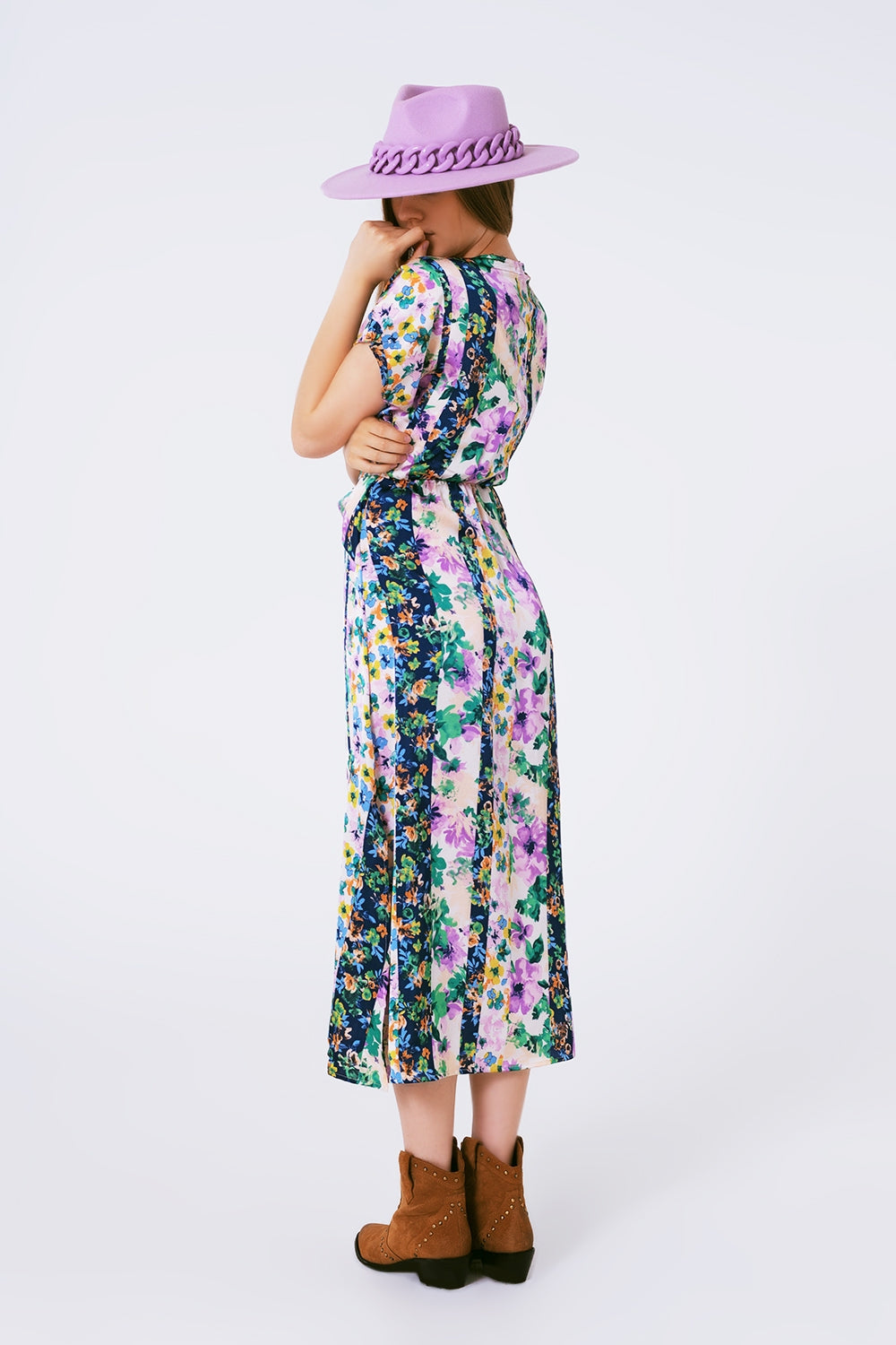 Abito maxi con stampa floreale e nodo sul davanti viola e multicolore verde