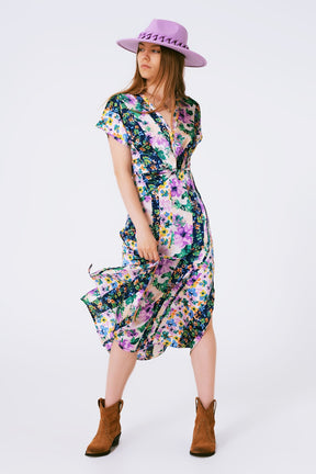 Abito maxi con stampa floreale e nodo sul davanti viola e multicolore verde