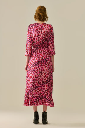 Abito Maxi Wrap in Raso con Stampa Leopardata Fucsia