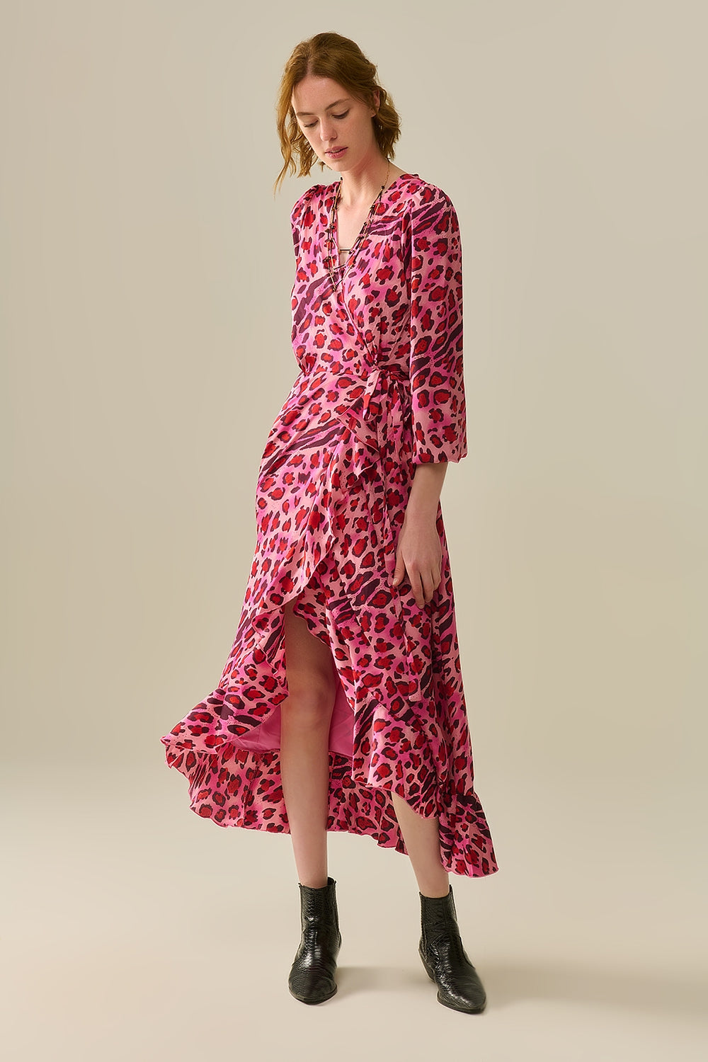 Abito Maxi Wrap in Raso con Stampa Leopardata Fucsia