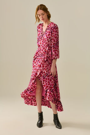 Abito Maxi Wrap in Raso con Stampa Leopardata Fucsia