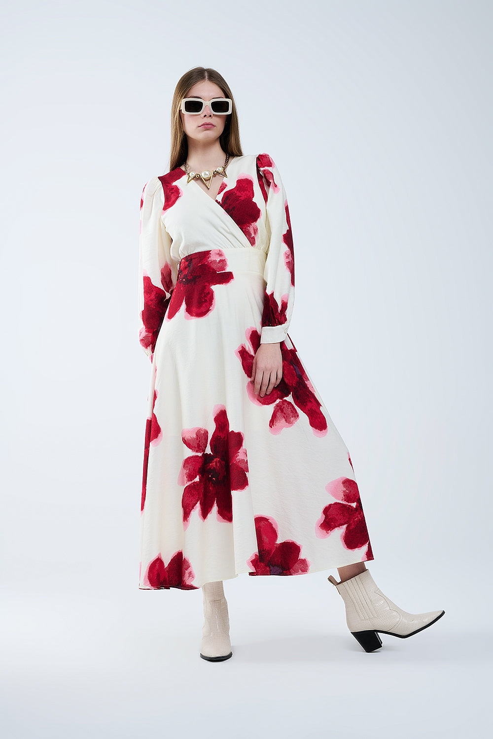 Q2 Abito midi beige a portafoglio con stampa floreale tropicale rossa e maniche lunghe