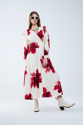 Q2 Abito midi beige a portafoglio con stampa floreale tropicale rossa e maniche lunghe
