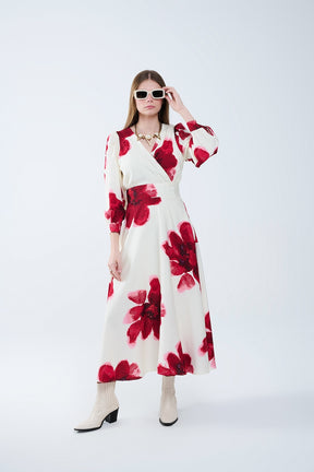 Abito midi beige a portafoglio con stampa floreale tropicale rossa e maniche lunghe