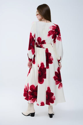 Abito midi beige a portafoglio con stampa floreale tropicale rossa e maniche lunghe