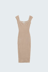 Q2 Abito midi beige in maglia a coste spesse con maniche a cappuccio