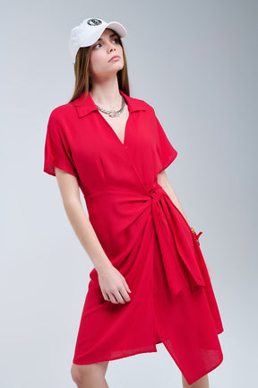 Abito midi rosso con fiocco laterale