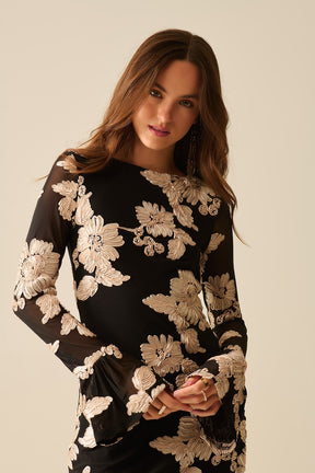 abito mini in chiffon nero con broccato floreale