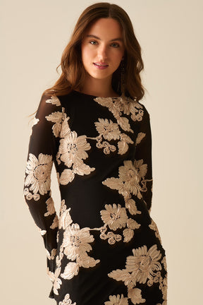 abito mini in chiffon nero con broccato floreale