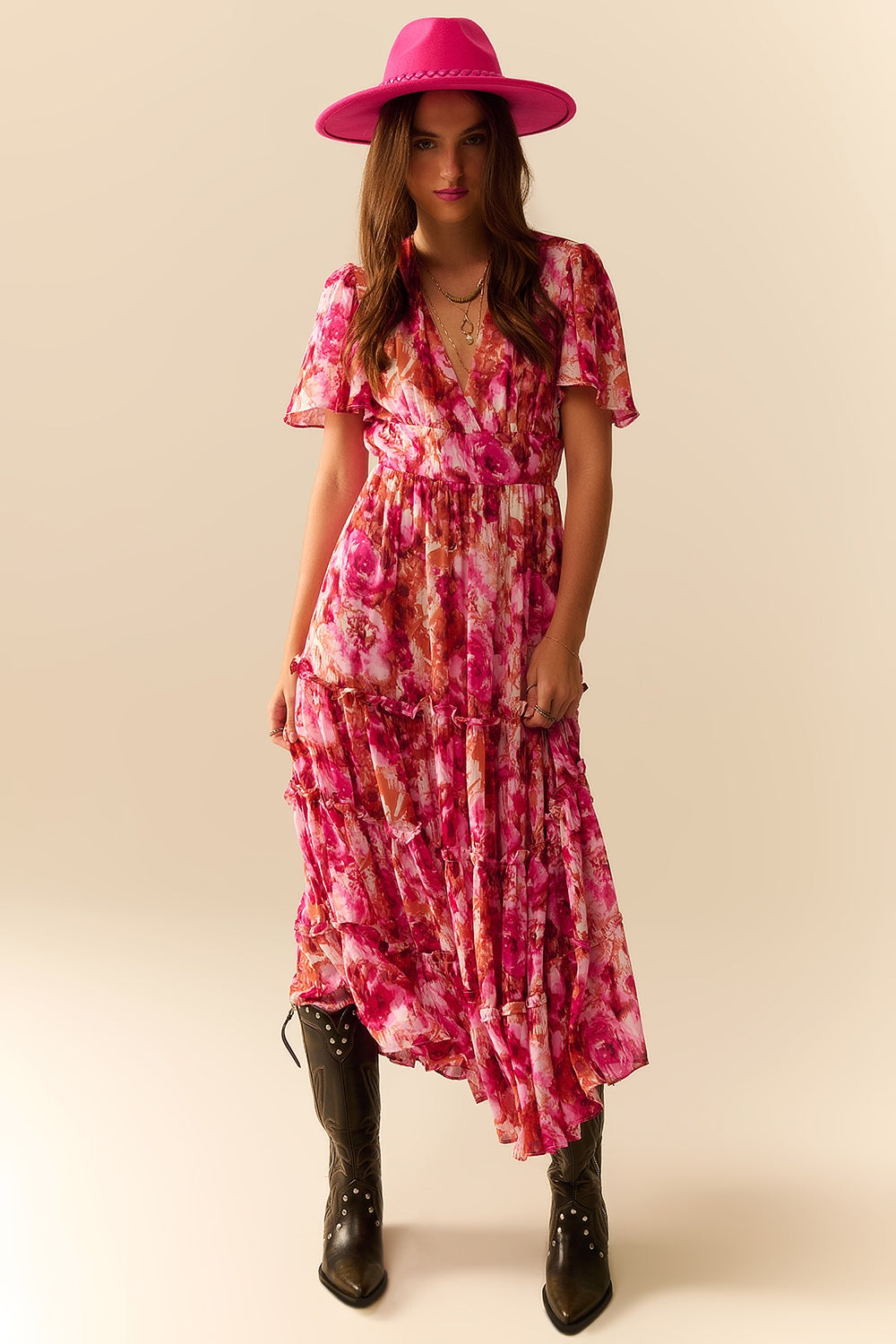 Q2 Abito romantico maxi a strati con stampa floreale in chiffon rosa