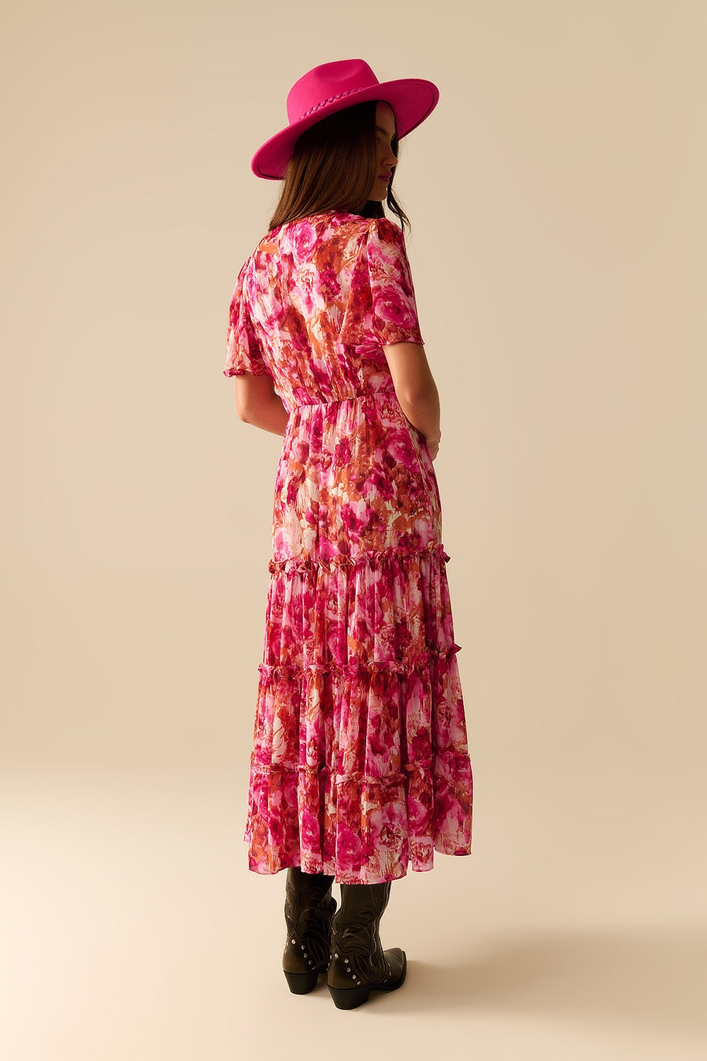 Abito romantico maxi a strati con stampa floreale in chiffon rosa