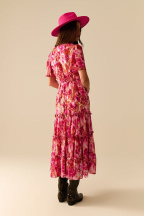 Abito romantico maxi a strati con stampa floreale in chiffon rosa