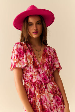 Abito romantico maxi a strati con stampa floreale in chiffon rosa