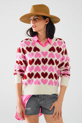 Q2 Accogliente maglione bianco con cuori rosa