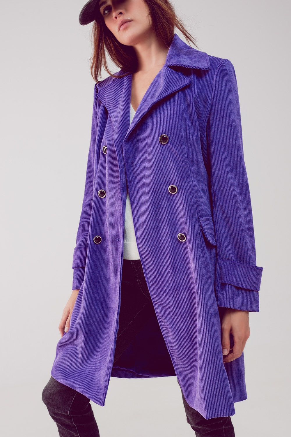 Q2 Blazer lungo con bottoni vintage in velluto viola